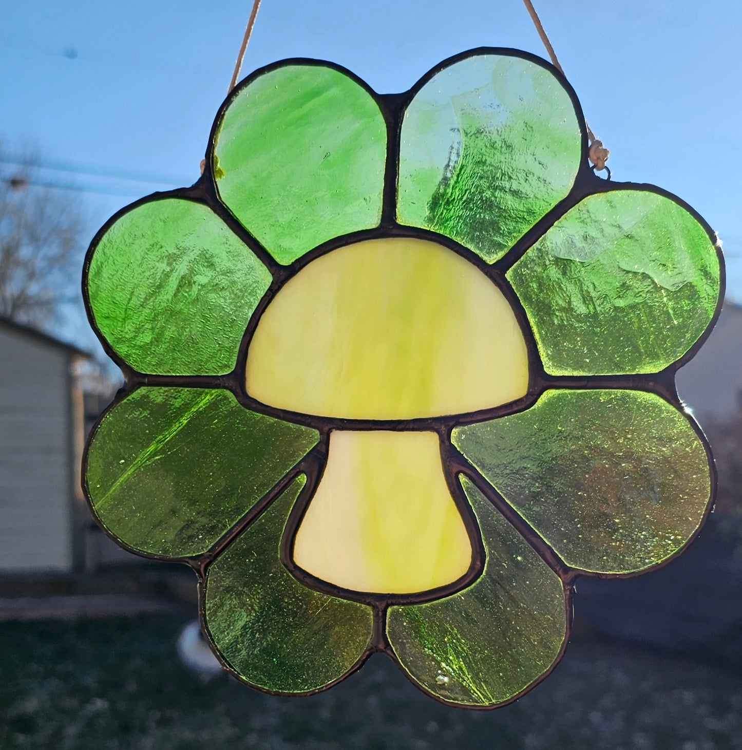 Green Retro Mushroom Daisy Stained Glass Panel (large)