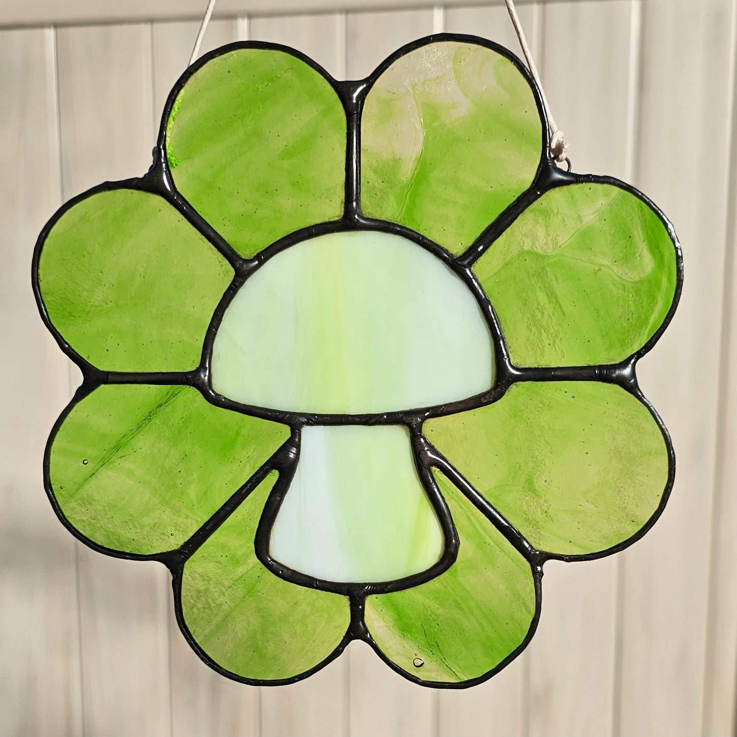 Green Retro Mushroom Daisy Stained Glass Panel (large)