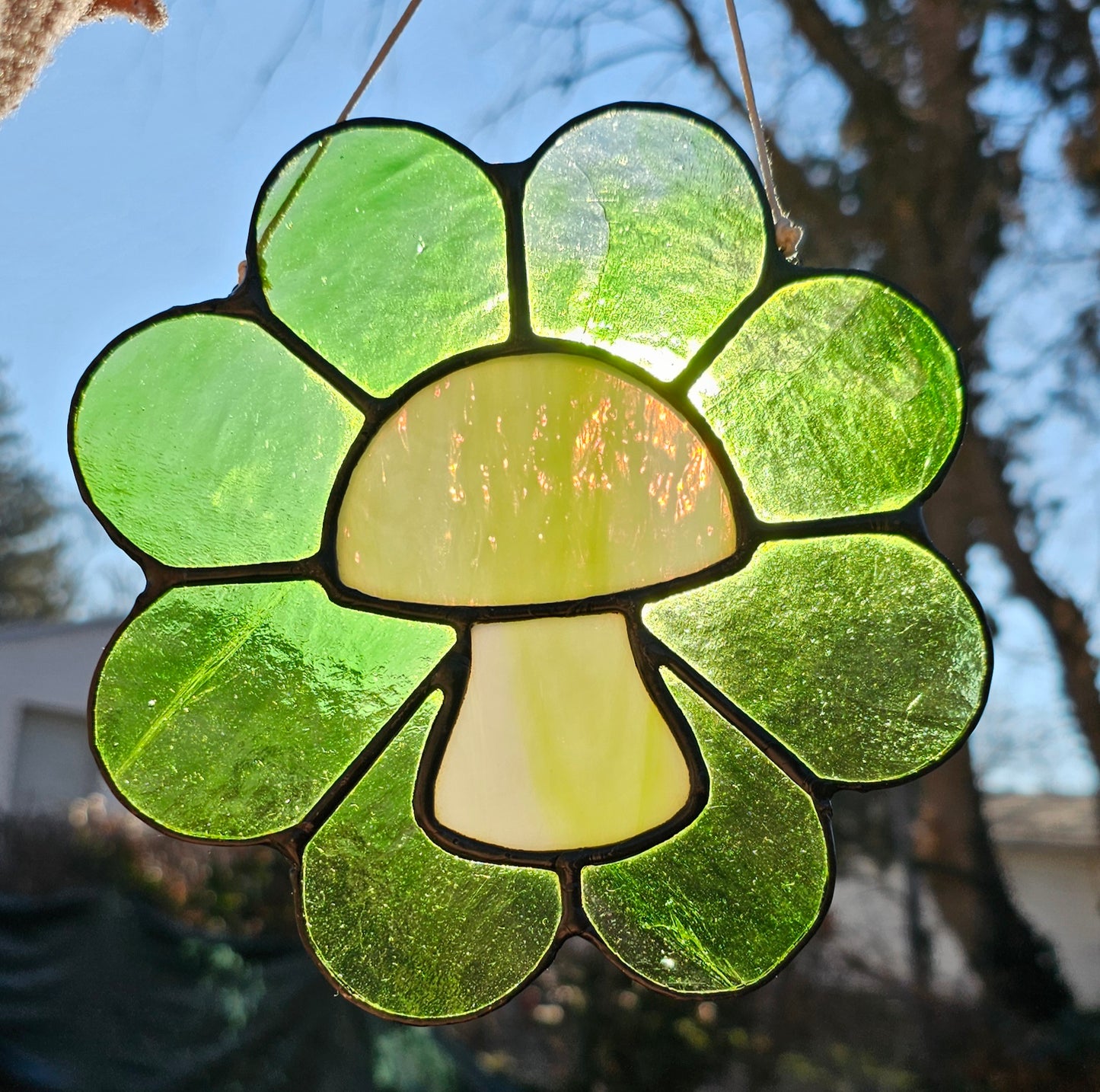 Green Retro Mushroom Daisy Stained Glass Panel (large)